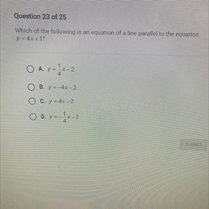 Which of the following is an equation of a line parallel to the equaticy = 4x+12O-example-1