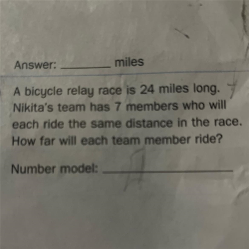 A bicycle relay race is 24 miles long Nikita team has 7 members who will each ride-example-1