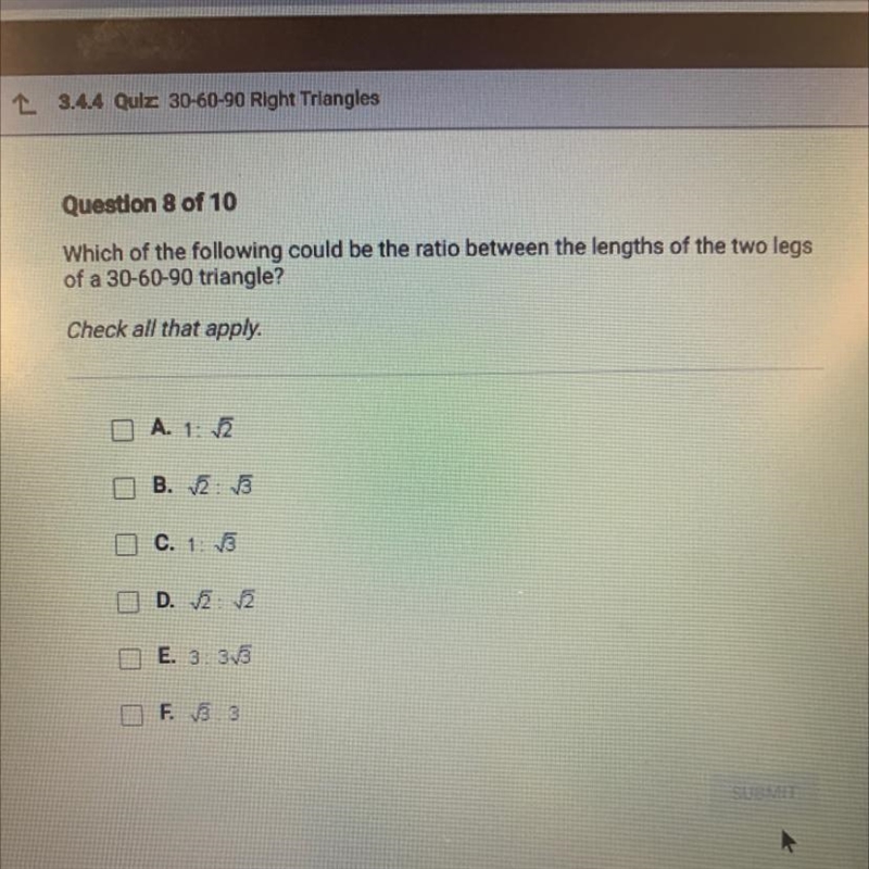 Which are the following could be the ratio between the lengths of the two of a 30-60-90 triangle-example-1