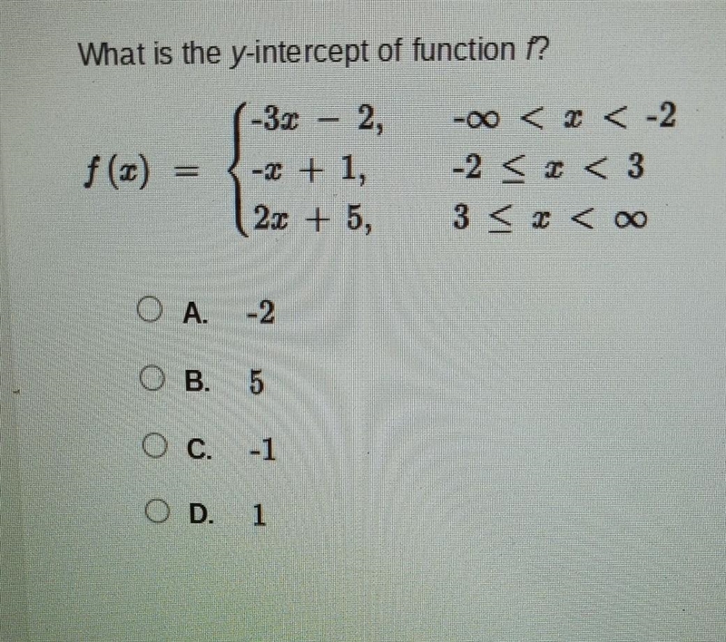 What is the y-intercept of function f? f(x)={-3x-2, -infinity​-example-1