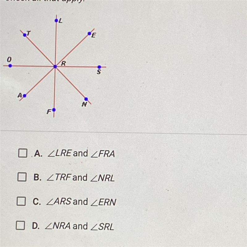 Which pairs of angles in the figure below are vertical angles? Check all that apply-example-1