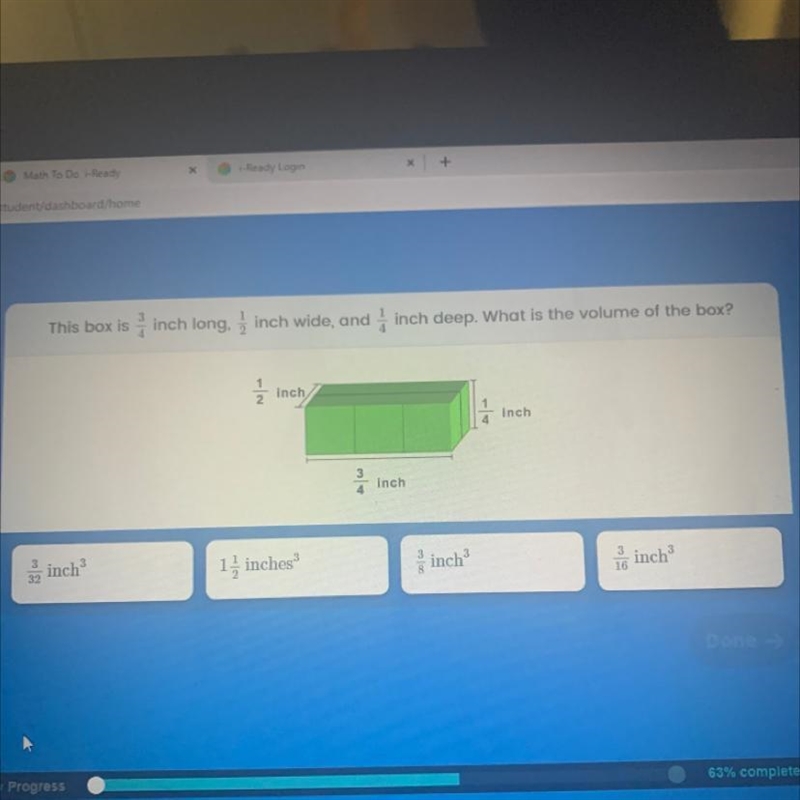 This box is inch long, inch wide, and inch deep. What is the volume of the box?1/2 inchInch-example-1