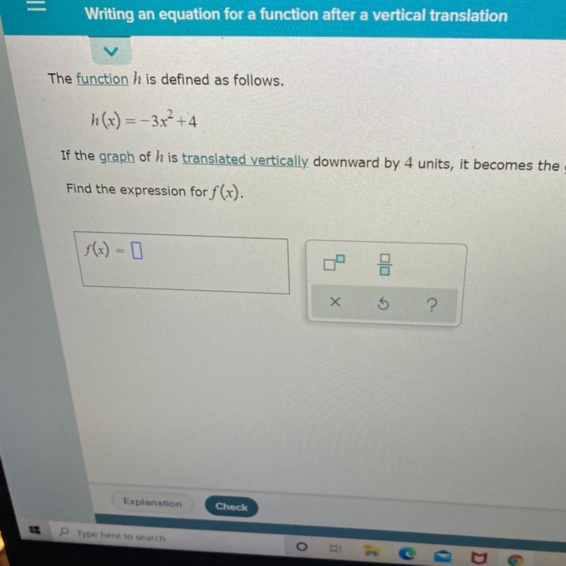 The function h is defined as follows. If the graph of h is translated vertically downward-example-1