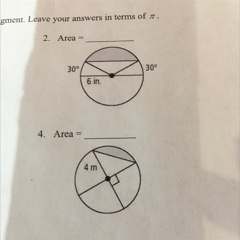 Please help me find the area of the shaded piece in pi form. Question 4-example-1