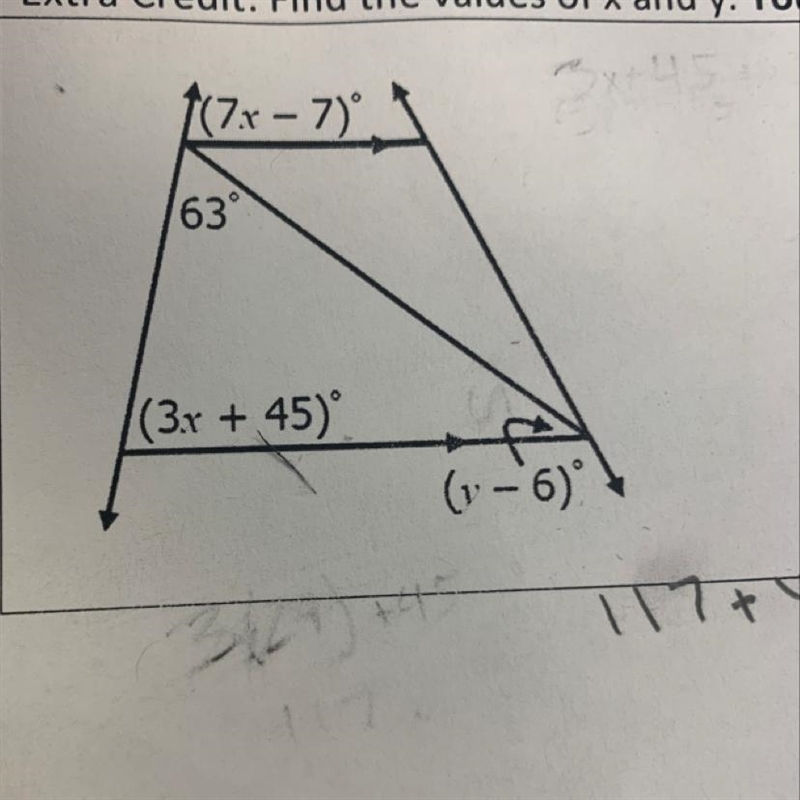 (7x-7) 63° (3x +45) (9-4) Find x and y-example-1