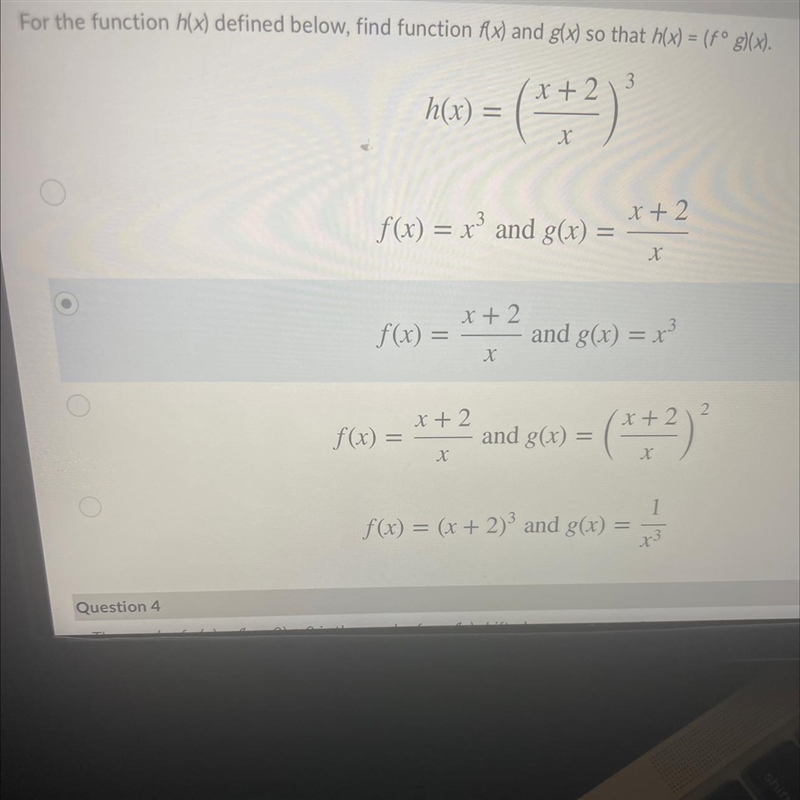 For the function h(x) defined below . Find the function f(x) and g(x)-example-1