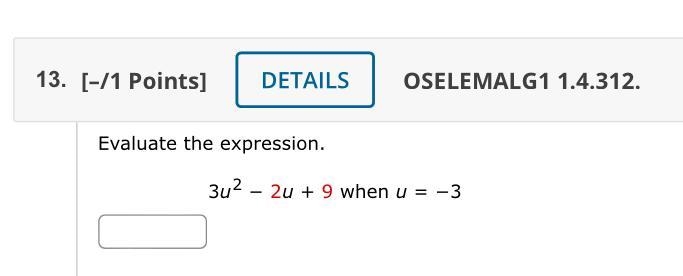 Evaluate the expression: 342- 2u + 9 when u = -3-example-1