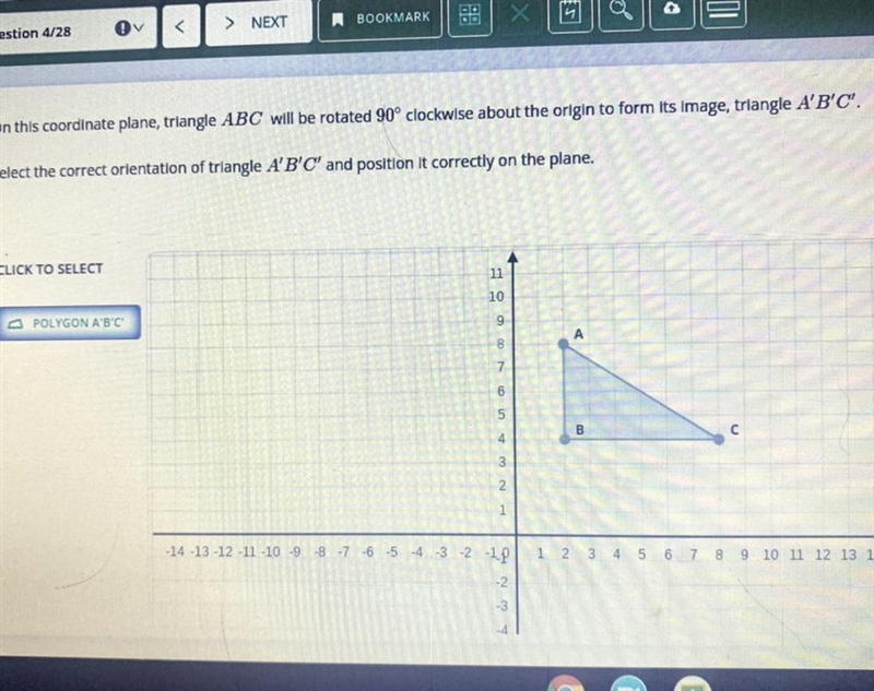 On this coordinate plane, triangle ABC will be rotated 90 degrees clockwise about-example-1