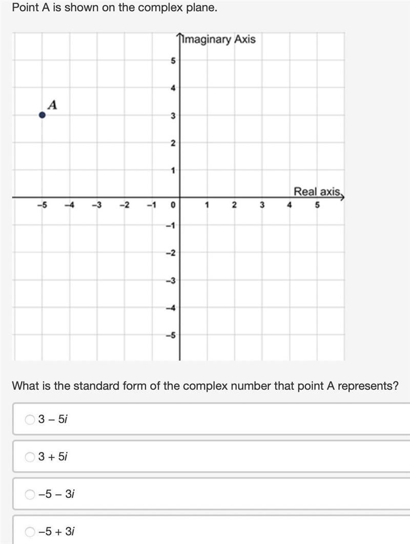 Point A is shown on the complex plane.What is the standard form of the complex number-example-1