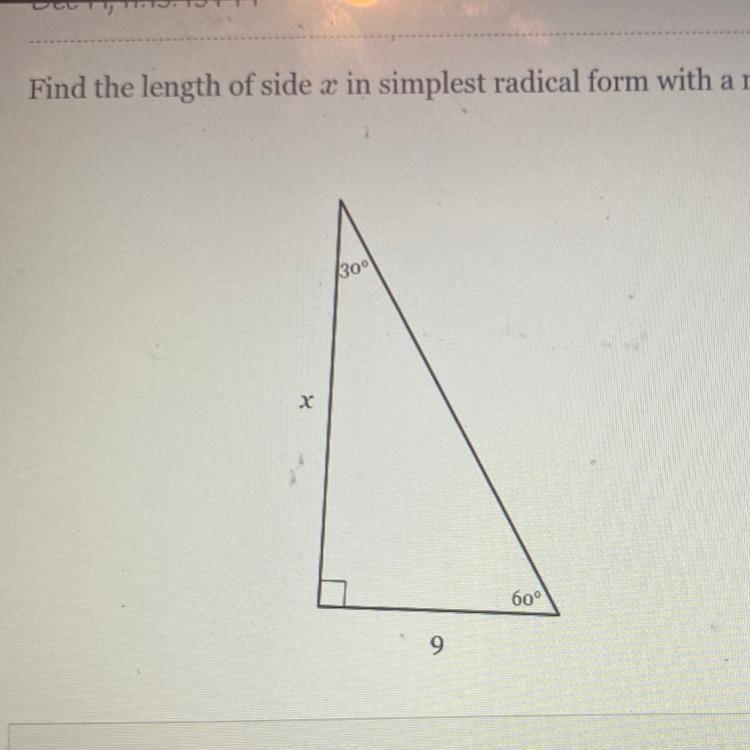 Find the length of side x in simplest radical form with a rational denominator-example-1