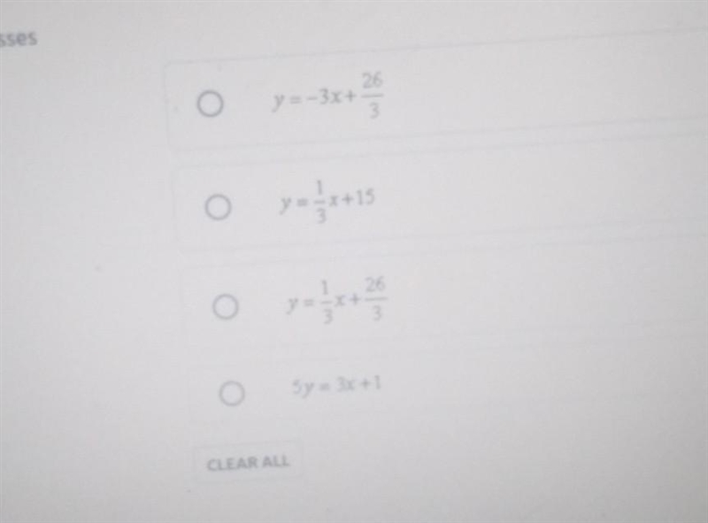 which of the following lines is perpendicular to the line Y=-3x+2 and passes through-example-1