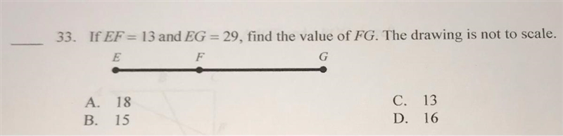 33. If EF = 13 and EG = 29, find the value of FG. The drawing is not to scale.EFGA-example-1