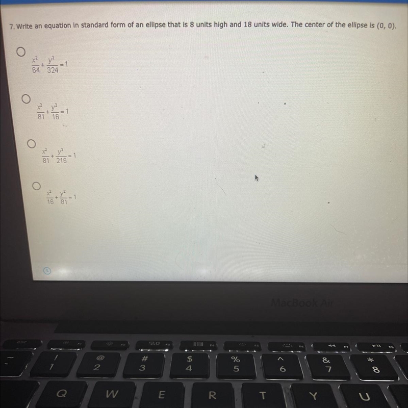 7. Write an equation in standard form of an ellipse that is 8 units high and 18 units-example-1