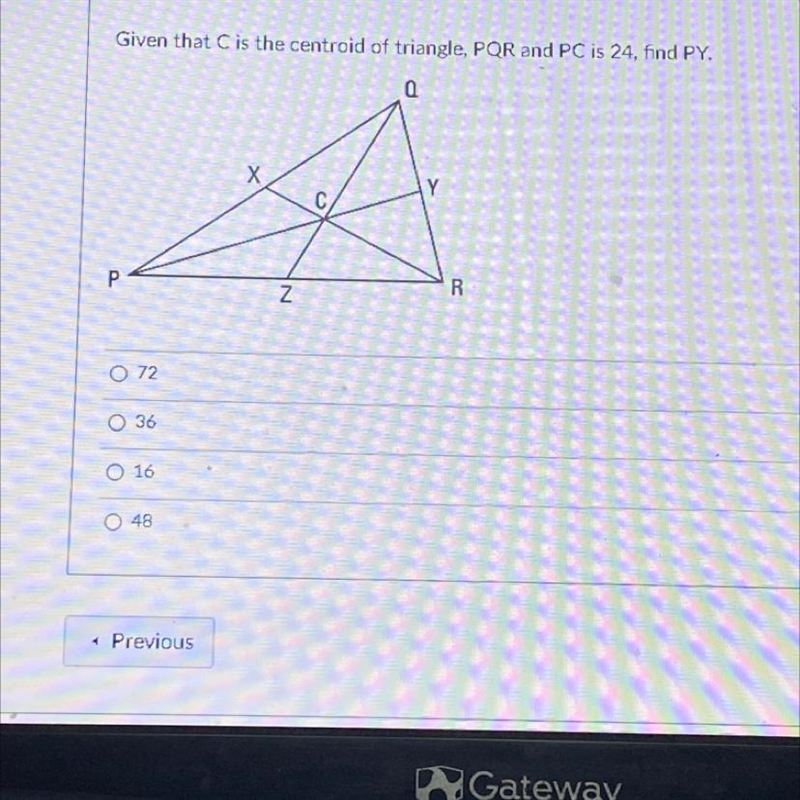 Given the C is the centroid to triangle,PQR and PC is 24 ,find PY-example-1