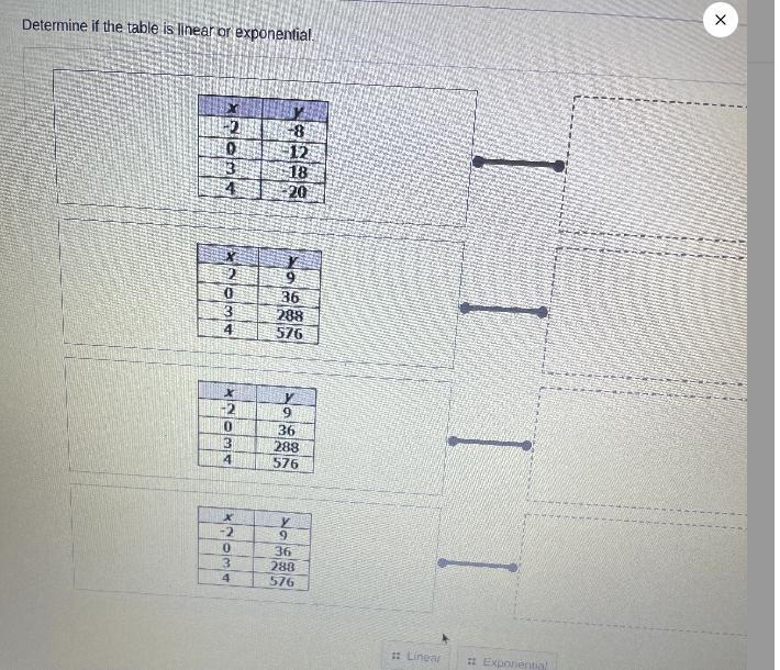 Determine if the table is linear or exponential. Tables 2 , 3 and 4 are the same-example-1