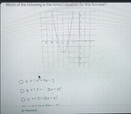 1 2 11 -1 iyim -3 1 1 1 1 1 1 O A. y=x2 + 3x – 2 O B. y+2 = - 2(x+3)2 O c. v+2 = 2(x-example-1