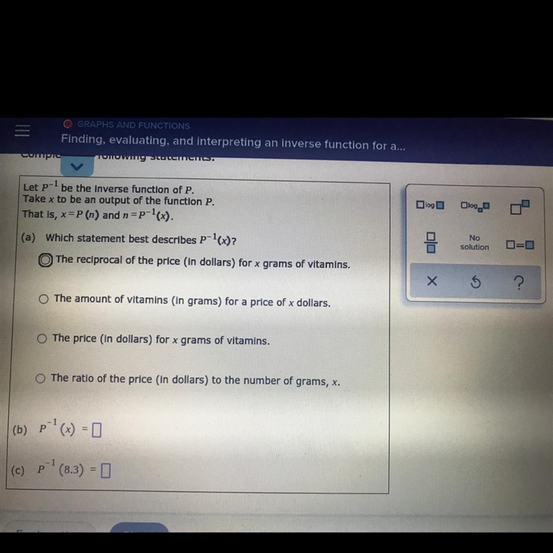 P (n), given below, is the price P in dollars for n grams of vitamins.P(n)=0.4n+5.7Complete-example-1