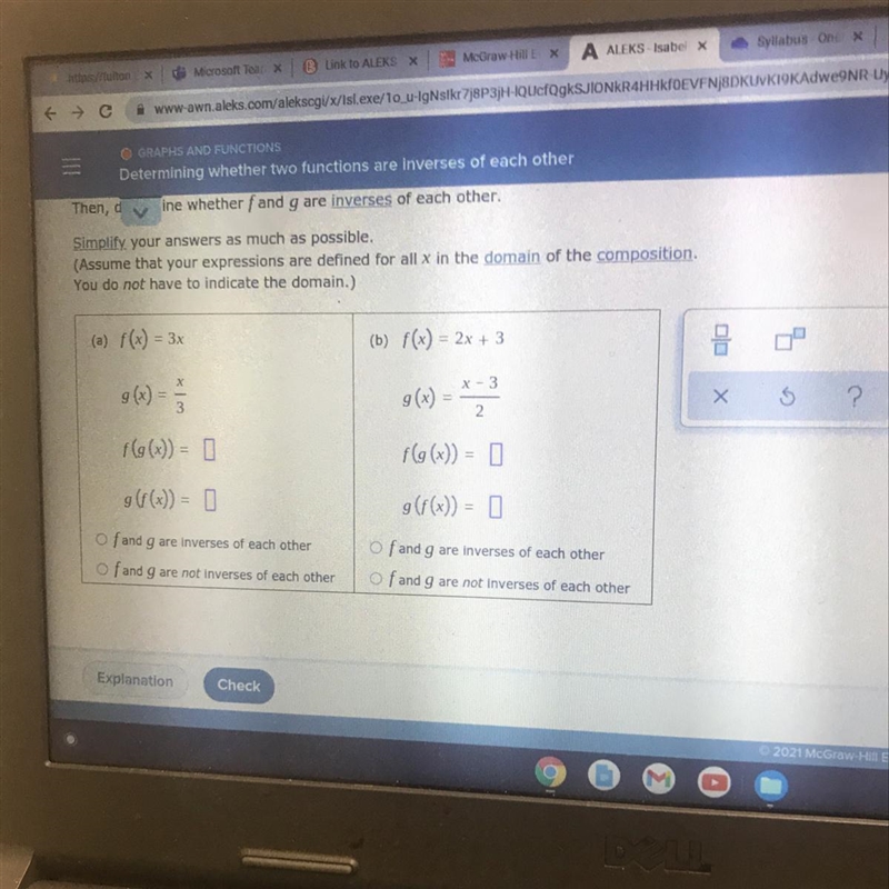 For each pun of functions f and g below, find f (g(x)) and g(f(x)).Then, determine-example-1