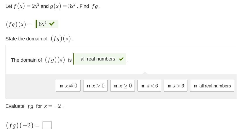 Evaluate f g for x=-2 (fg)(-2)= ??-example-1