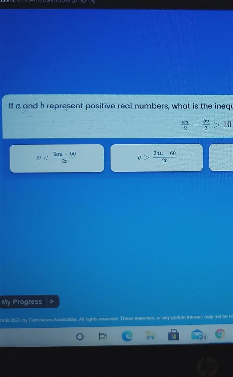 If a and b represent positive real numbers, what is the inequality when solved for-example-1