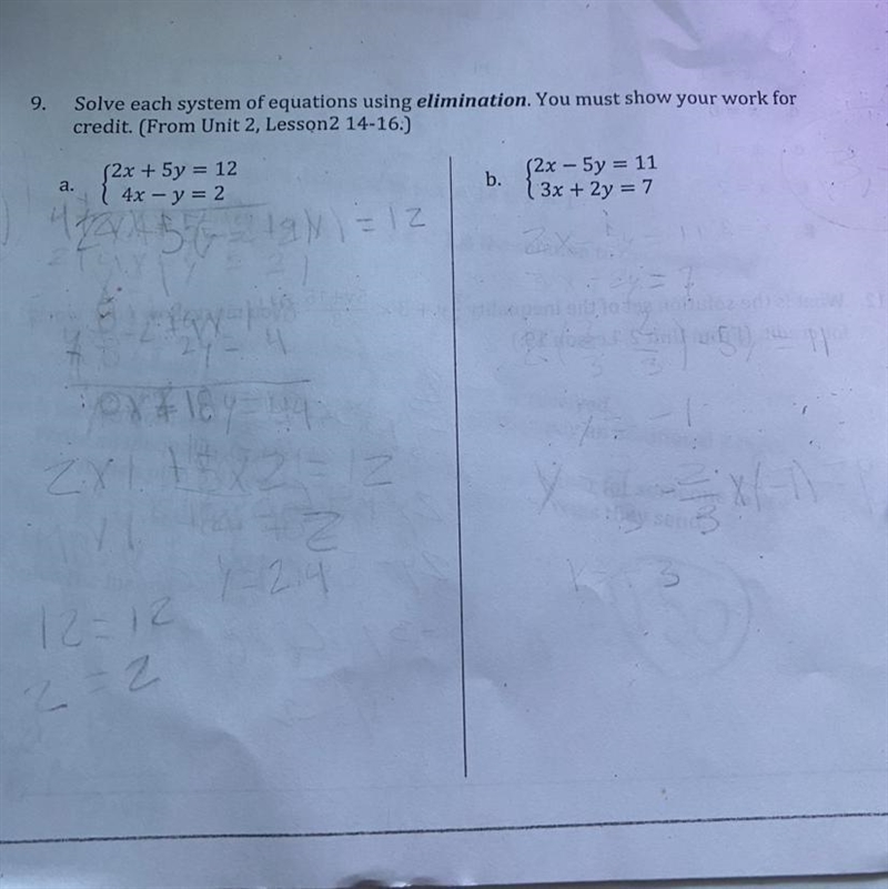 9. Solve each system of equations using elimination. You must show your work for credit-example-1