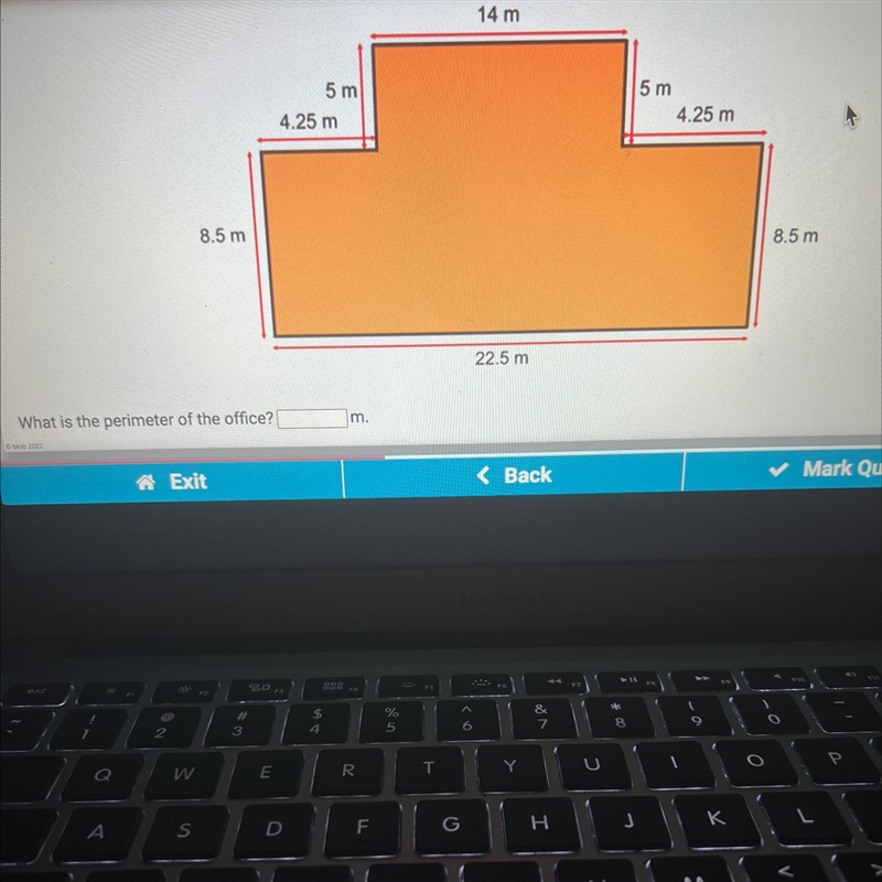 8.5 m What is the perimeter of the office? Exit 5 m 4.25 m m. 14 m 22.5 m < Back-example-1