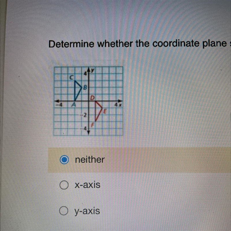 Determine whether the coordinate plane shows a reflection in the x-axis, y-axis, or-example-1