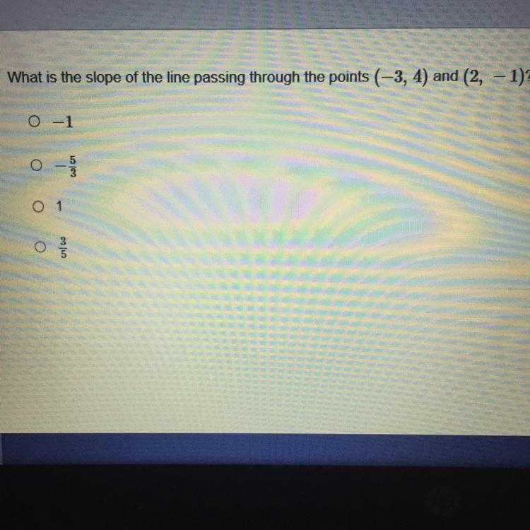 What is the slope of the line passing through the points (-3, 4) and (2, - 1)?-example-1