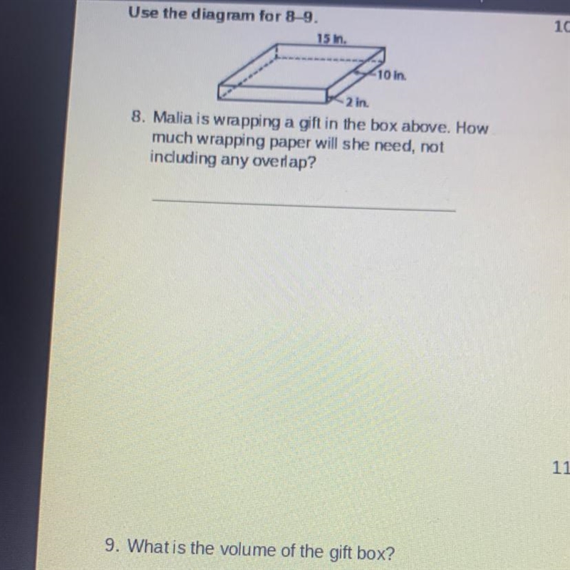 8 and 9 question, what is the volume of the gift box ?-example-1