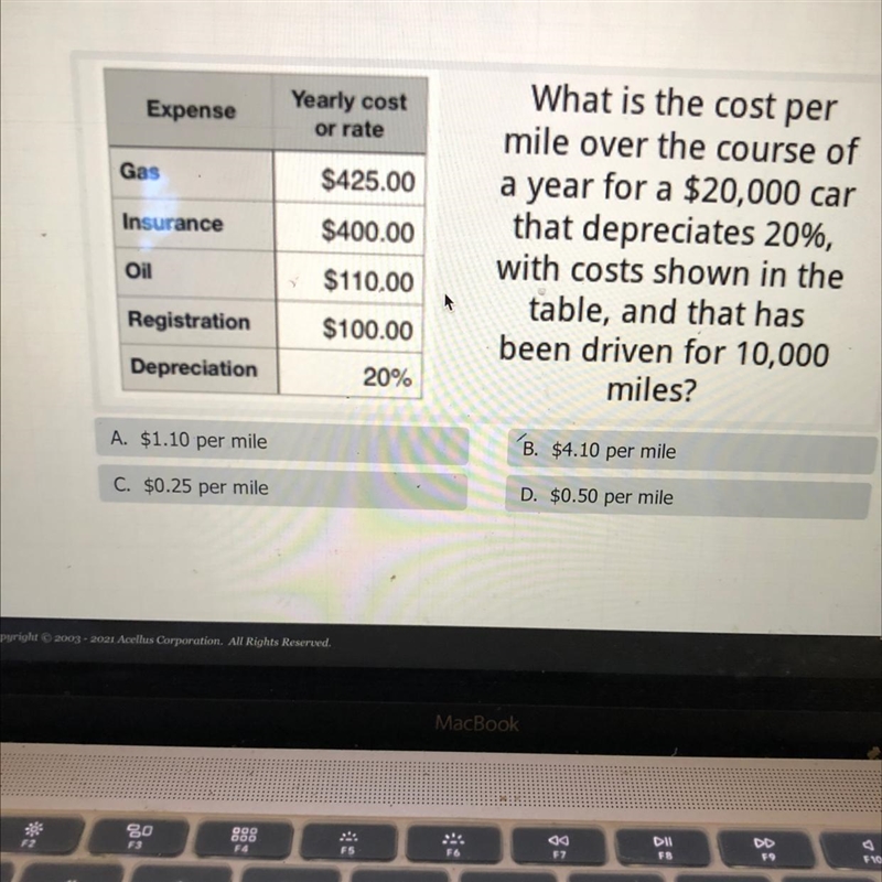 ExpenseYearty costor rateGasInsurance$425.00$400,00$110.00$100.00What is the cost-example-1