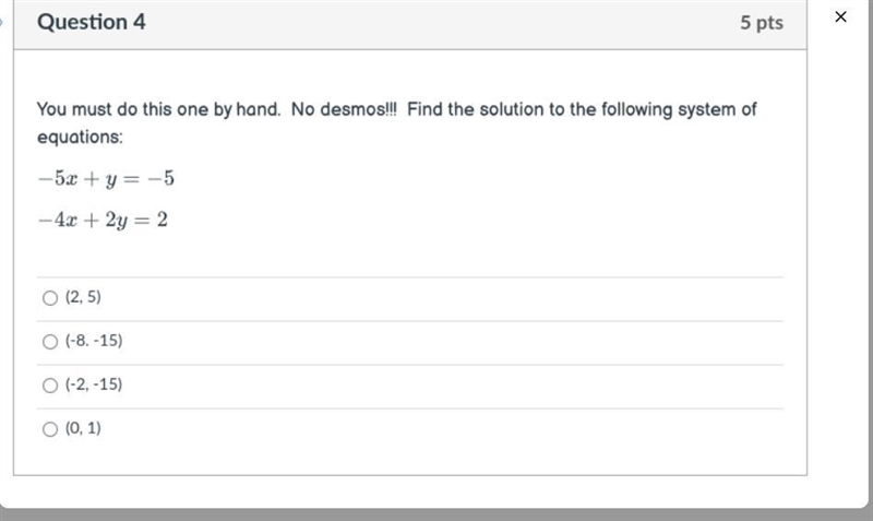 You must do this one by hand. No desmos!!! Find the solution to the following system-example-1