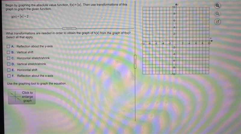 Begin by graphing the absolute value function, f(x)= |x|. Then use transformations-example-1