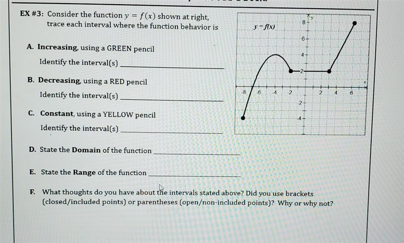 Consider the function y = f(x) shown at right, trace each interval where the function-example-1