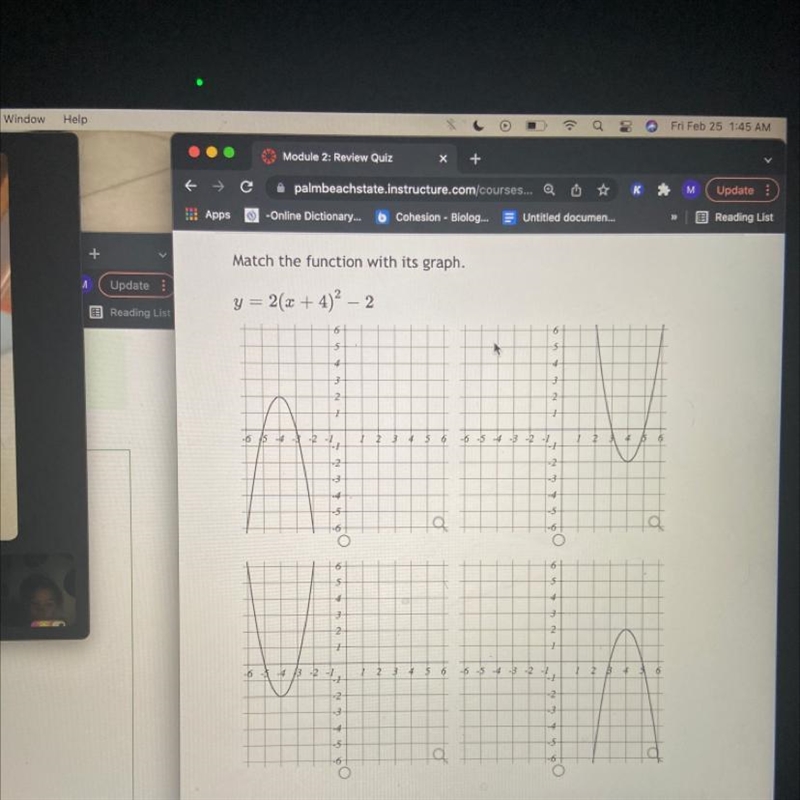 Match the function with its graph.4 = 2(2 + 4)2- 2-example-1