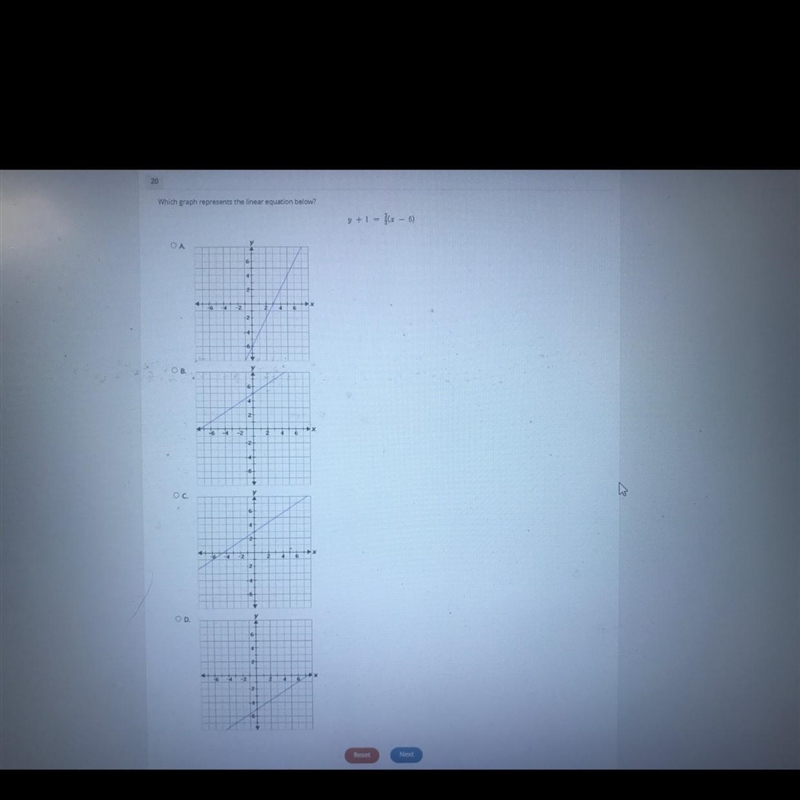 Which graph represents the linear equation below? Y+1=2/5(x-6)-example-1