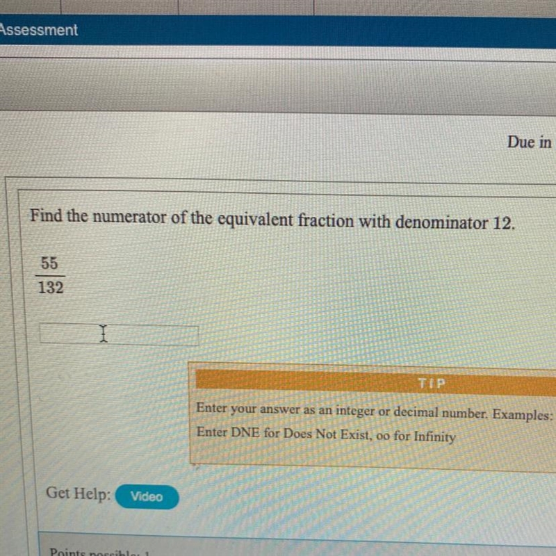 Find the numerator of the equivalent fraction with denominator 12. 55/132-example-1