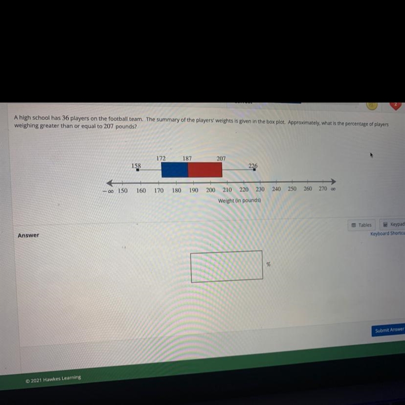 Approximately what is the percentage of players weighing greater than or equal to-example-1