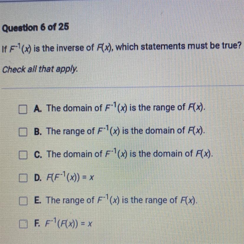 If F'(x) is the inverse of F(x), which statements must be true?Check all that apply-example-1