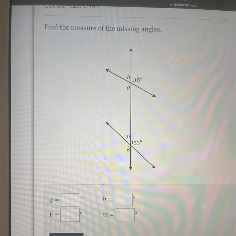 Find the measure of the missing angles. h g 118⁰ m 133° kl-example-1