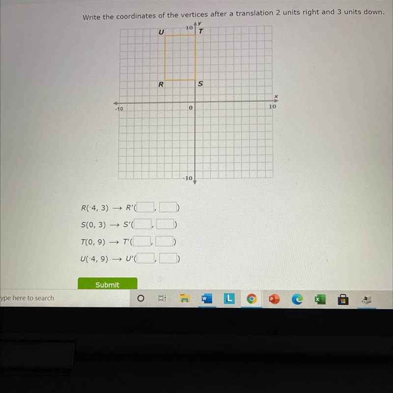 Write the coordinates of the vertices after a translation 2 units right and 3 units-example-1