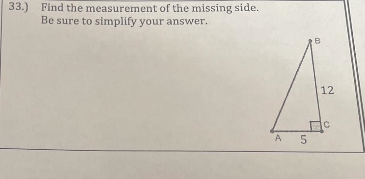 Find the measurements of the missing side. Be sure to simplify your answer.-example-1