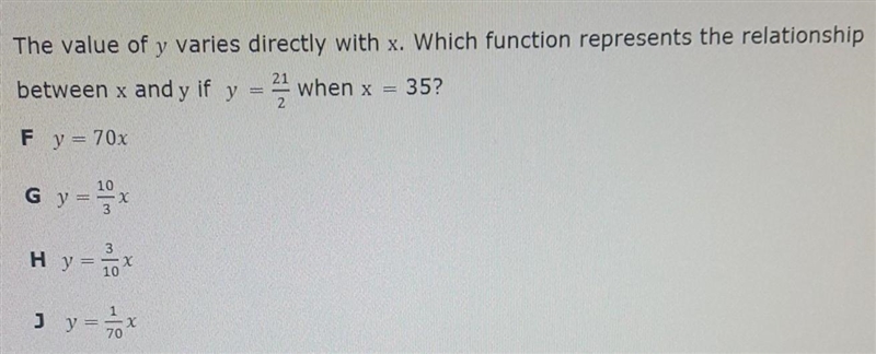 The value of y varies directly with x. Which function represents the relationship-example-1