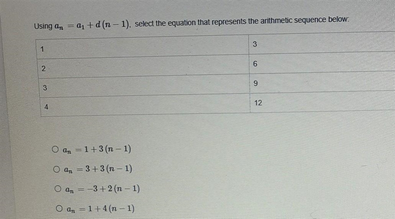 Using a n = a 1 +d(n-1) select equation that represents the arithmetic sequence below-example-1