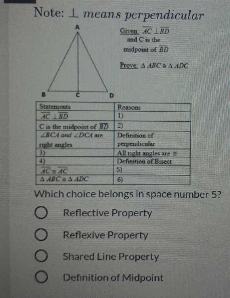 Note: I means perpendicular Grven: AC 1BD and C is the midpoint of BD Prove: A ABC-example-1