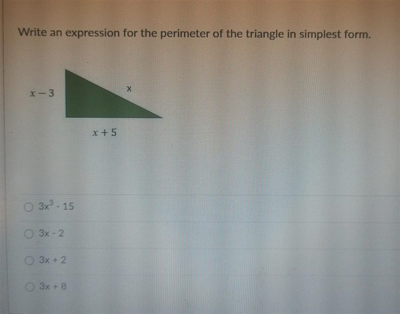 Write an expression for the perimeter of the triangle in simplest form.-example-1