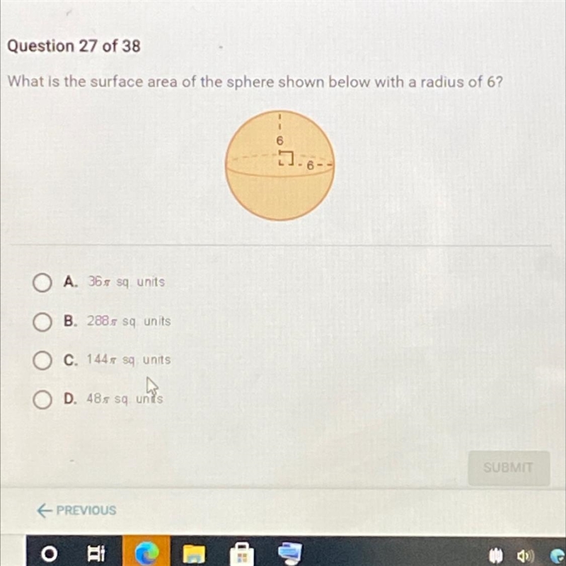 What is the surface area of the sphere shown below with a radious of 6-example-1