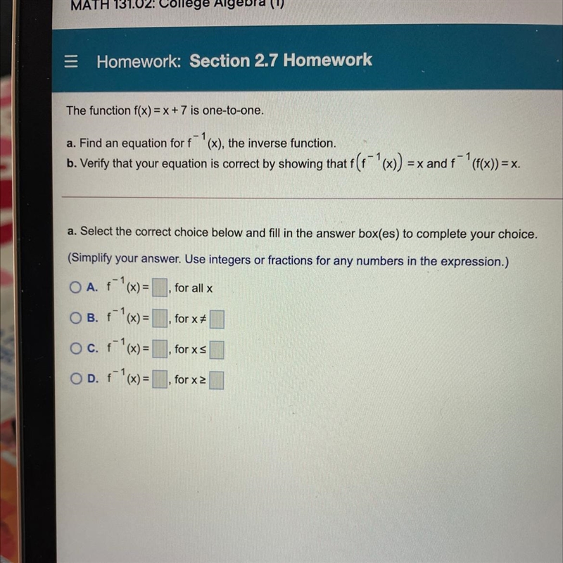 A. Find an equation for F^-1 (x) the inverse function. B. Verify that your equation-example-1