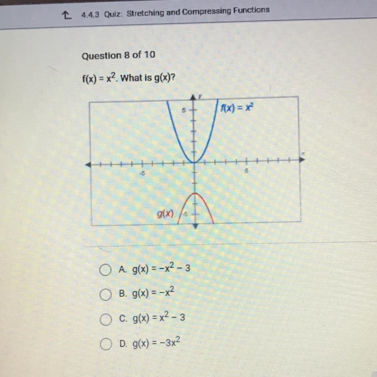 F(x) = x2. What is g(x)?f(x) = x2g(x)OA. g(x) = -x2 - 3B. g(x) = -x2C. g(x) = x2 - 3D-example-1