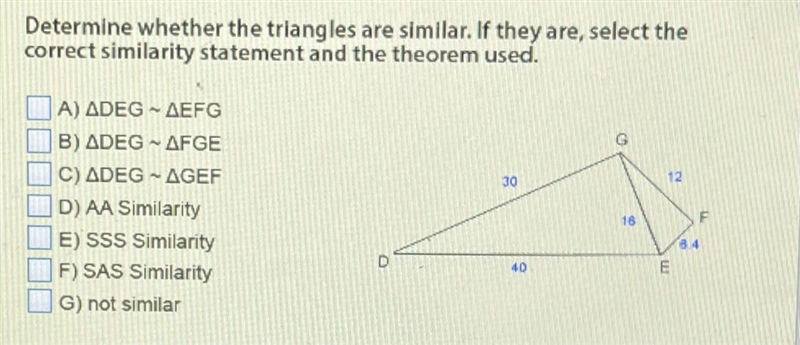 Determine whether the triangles are similar. If they are, select thecorrect similarity-example-1