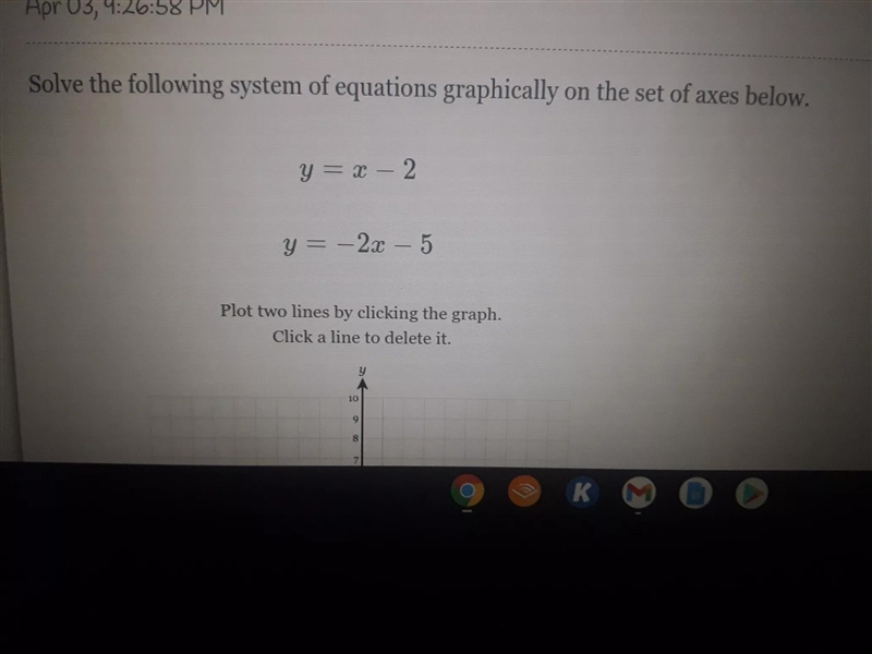 Solve the following system of equations graohically on the set of axes below.-example-1